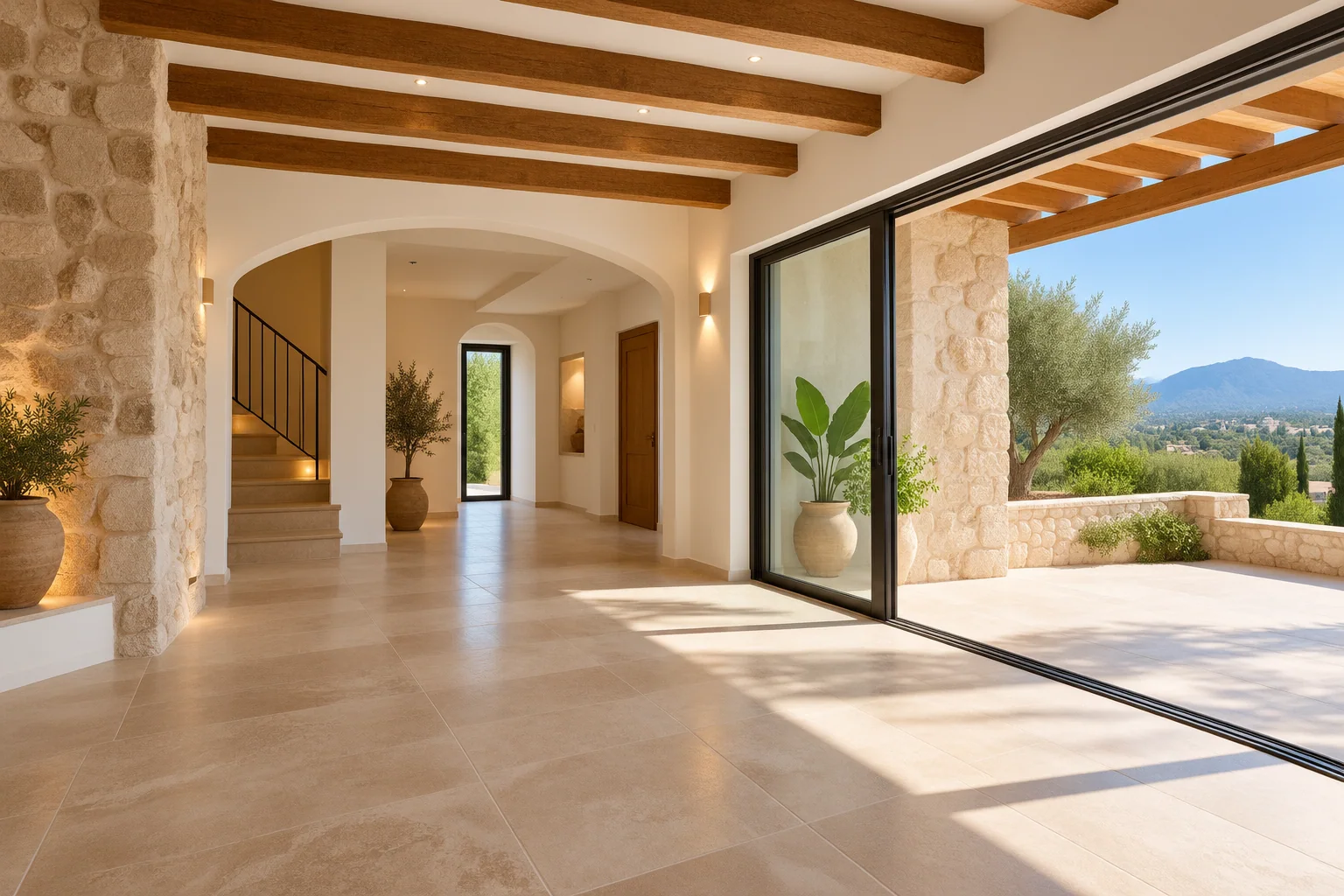 Spanish-rustic renovated interior with exposed beams and stone