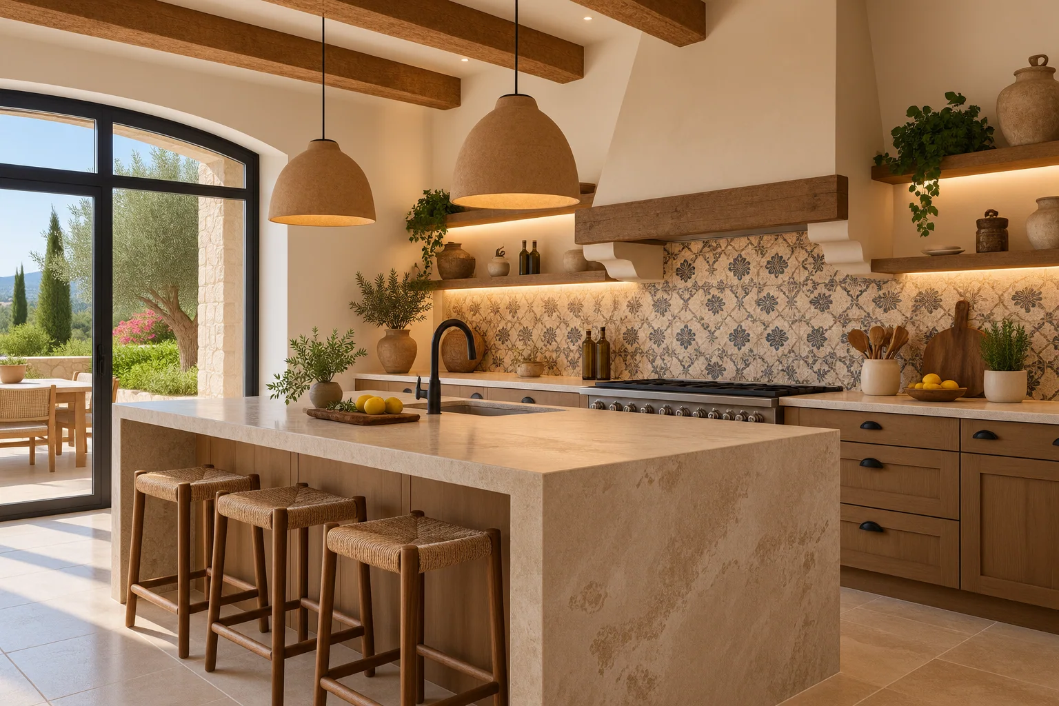Mediterranean farmhouse kitchen with patterned Spanish tiles