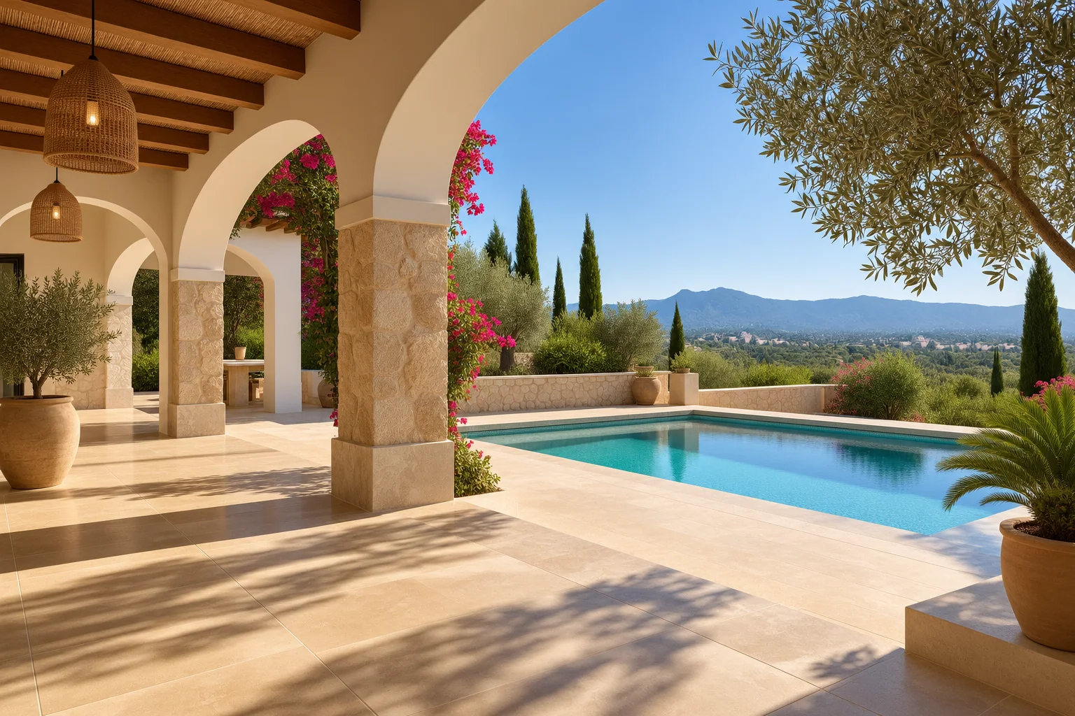 Spanish-arched terrace overlooking a pool